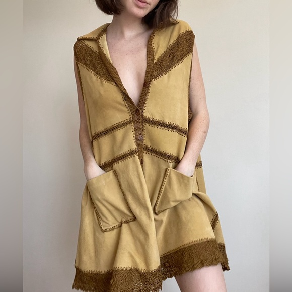 Free People suede Mini Dress vest duster crochet NEW - Picture 3 of 10
